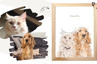 draw one line watercolor portrait of dog, cat or any pets