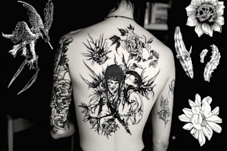 do unique blackwork, patchwork, and fine lines custom tattoo