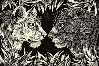 create linocut or fantasy animal portraits