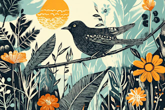 illustrate botanical and animal linocut illustration