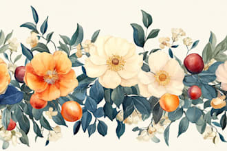 create a digital watercolor botanical illustration of flowers, plants, fruits