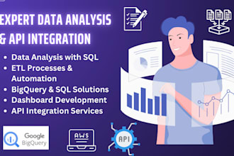 provide bigquery, sql, data analysis, etl, dashboards and API integration
