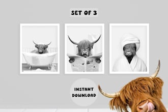 give highland cow funny wall art, instant digital download