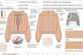 create activewear fitness design and design detail fashion cloth tech pack