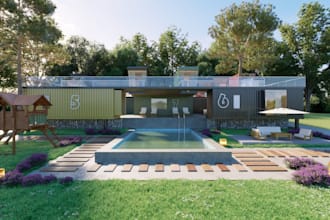 redesign 3d shipping container house, patio garden, landscape pool, cgi render