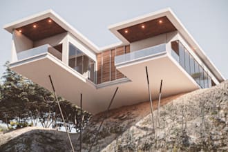 renovate photorealistic hill house design, interior and exterior, tiny house,cgi