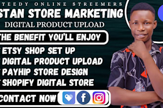 7 figure shopify digital product store, stan store, payhip store, esty promotion