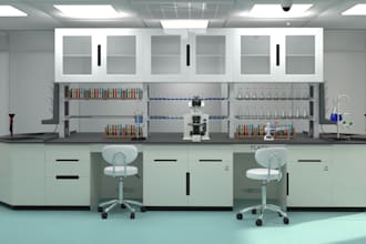 do 3d cgi laboratory design, with rendering, science lab, rest room