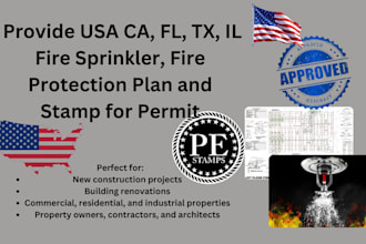 do usa cl, fl, tx, il fire sprinkler, fire protection plan and stamp