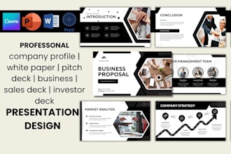 company profile, white paper, sale deck, investor pitch deck presentation design
