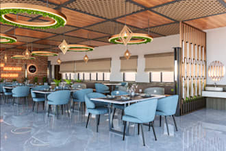 redesign modern stunning restaurant, model cgi cafe,coffee shop,realistic render