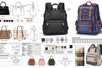 design full bag tech pack, hand bag, tote bag, purse bag ready for manufacturing