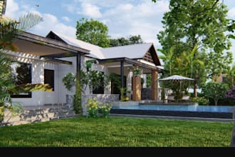 reshape 3d backyard,landscape design,frontyard,pool deck,garden,render in revit