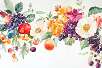 paint watercolor botanical illustration of flowers, plants, fruits