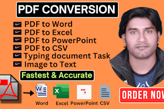 convert PDF to word, excel, CSV, powerpoint, and  typing task