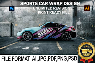 design sports car wrap design, racing car wrap, custom car wrap, vehicle wrap