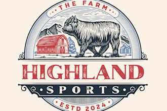 create a retro vintage farm and highland sports logo design
