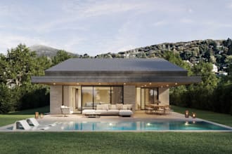 remodel 3d tiny house, cgi luxury home, pent house render, lakeside, villa, pool