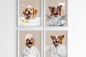 do custom bathroom pet portraits, set of 4