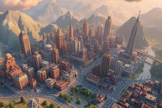create a unique map illustration, vector map, game map, 3d game city map