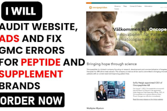 audit peptide website, ads and fix gmc errors for peptide supplement brands