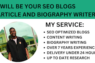 do blog post writing, seo article writing, biography writing, copywriting