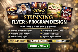 design funeral, obituary, church event and music flyer