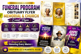 design funeral program, obituary flyer, memorial and church event flyer