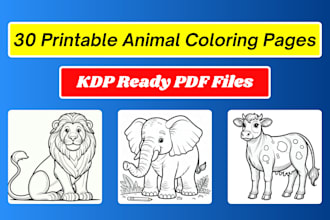 create 30 pages kids animal coloring book with KDP files