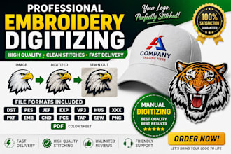 do embroidery digitizing into dst pes vp3 jef exp in 2 hour