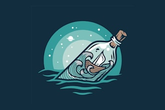 do nautical marine boat and bottle on space waves vintage logo