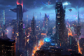 create a futuristic cyberpunk city and sci fi concept