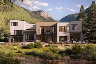 redesign 3d modern forest villa,render cgi facade exterior,patio,3d landscape