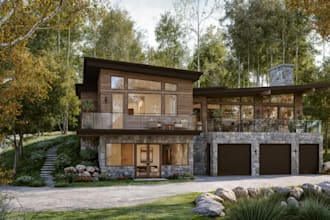 rebuild 3d modern mountain house, realistic exterior ,interior design rendering