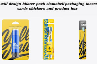 design blister pack, clamshell packaging, insert cards, skickers and product box