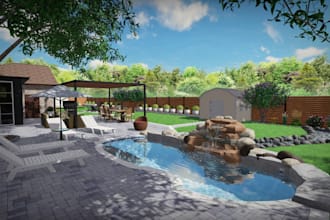 frontyard, backyard landscape design, garden, pool, patio, fireplace andterrace