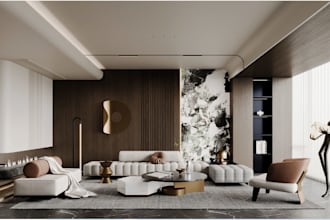 custom contemporary living room, minimalist cgi rendering, architecture design