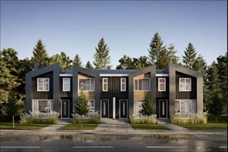 visualize 3d residential building, front view exterior ,main bedroom, rest room