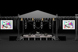 do 3d dj stage design, festivals stage , party stage , 3d lighting setup design