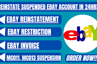 reinstate suspended ebay account, mc013, mc011  restriction ebay reopen in 24hrs