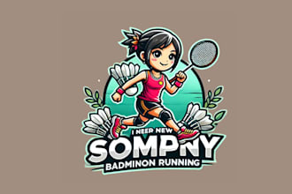 design a girls badminton running mascot logo with unique and dynamic sty