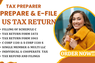prepare and file US tax return 1120 5472 1040 for personal corporate and llc CPA