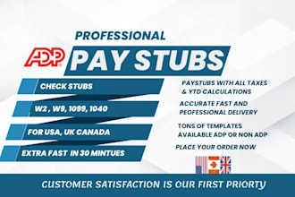 create adp paystub, check stubs, pay stubs, w2, 1099, and 1040