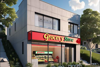custom exterior grocery superstore logo branding , sleek glass, facade, blender