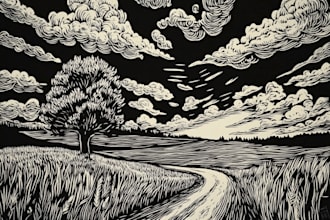 create niche colorful linocut and woodcut book illustrations