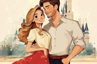do a realistic disney cartoon couple portrait