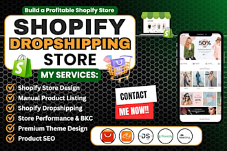 design shopify dropshipping store, ecommerce website, product research, listings