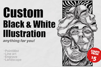 draw line art illustration black and white for you