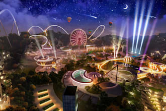3d cgi amusement park, theme park, central theme, water park, resort park design