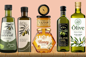 do packaging and product label for cooking oil, olive oil, honey, butter,